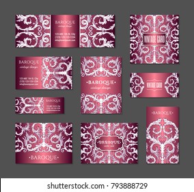 French baroque style elegant ornate visiting cards. Luxurious fashionable ornamental flyer design. Vintage fancy ornament decoration. Pathetic retro embellishment. EPS 10 vector brochure template