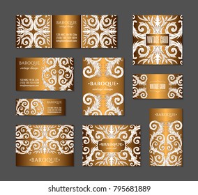 French baroque style elegant ornate visiting cards. Luxurious fashionable gold ornamental flyer design. Vintage fancy ornament decoration. Pathetic retro embellishment. EPS 10 vector brochure template
