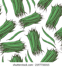 French bean seamless pattern. Hand drawn background. Vector illustration. Color illustration.  French bean vegetable hand drawn backdrop.