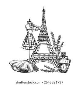 French beauty and fashion. Black and white vector illustration made by hand in a graphic style. A bottle of lavender perfume, a female mannequin, a beret, and the Eiffel Tower. For design solutions.