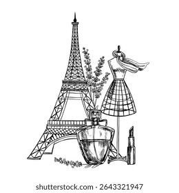 French beauty and fashion. A black-and-white vector illustration made by hand in a graphic style. A bottle of lavender perfume, a female mannequin, lipstick and the Eiffel Tower. For design solutions.
