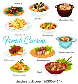 French beef, ham and vegetable stews, duck pate with figs, seafood, fish and veggies soups, cheese croquettes and pancake suzette, grilled steak and normandy pork vector. Restaurant menu