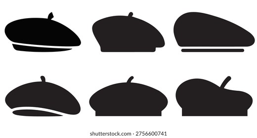 French Beret Hat Icon Set Vector – Classic Black Artist Berets, Hand-Drawn and Silhouette Collection for Fashion, Style, and Artistic Accessories Design	