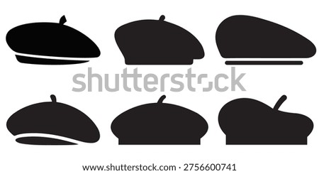 French Beret Hat Icon Set Vector – Classic Black Artist Berets, Hand-Drawn and Silhouette Collection for Fashion, Style, and Artistic Accessories Design	