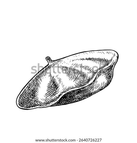 French beret. Vector black-and-white hand-drawn illustration. Isolate on a white background. A fashionable accessory for the head. For postcards, banners, flyers, posters and more.