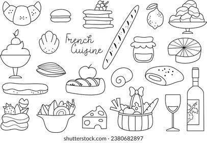 Juego de vectores de comida en blanco y negro de Francia. Colección con baguette, cruasán, vino, eclair, galletas y pasteles. Bakería de cañas francesas con queso, vino, canasta, pasteles, mousse, macarón
