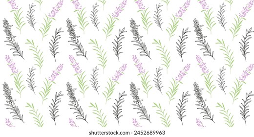 French blossomed violet flora. Lavender flowers seamless pattern. Provence floral plant, herbs drawing. For template label, packing, web, menu, logo, textile