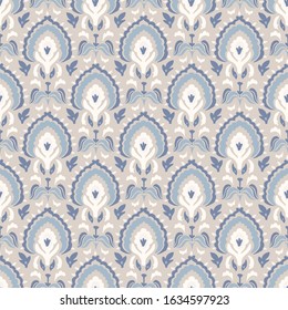 French blu paisley shabby damask vector texture background. Antique white blue buta seamless pattern. Hand drawn floral interior wallpaper home decor swatch. Indienne boteh medallion all over print