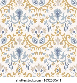 French blu shabby chic damask vector texture background. Antique white yellow blue seamless pattern. Hand drawn floral interior wallpaper home decor swatch. Classic baroque medallion all over print