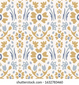 French blu shabby chic damask vector texture background. Antique white yellow blue seamless pattern. Hand drawn floral interior wallpaper home decor swatch. Classic baroque medallion all over print