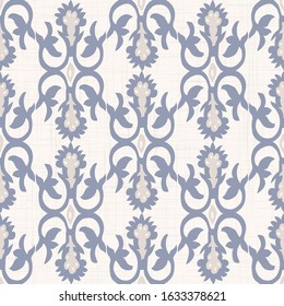 French blu shabby chic damask vector texture background. Antique white yellow blue seamless pattern. Hand drawn floral interior wallpaper home decor swatch. Classic baroque medallion all over prin