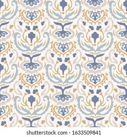French blu shabby chic damask vector texture background. Antique white yellow blue seamless pattern. Hand drawn floral interior wallpaper home decor swatch. Classic baroque medallion all over print