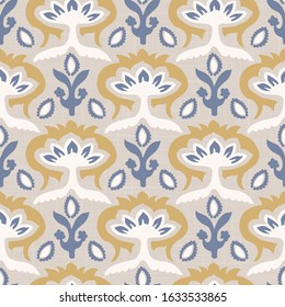 French blu shabby chic damask vector texture background. Antique white yellow blue seamless pattern. Hand drawn floral interior wallpaper home decor swatch. Classic baroque medallion all over print