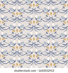 French blu shabby chic damask vector texture background. Antique white yellow blue seamless pattern. Hand drawn floral interior wallpaper home decor swatch. Classic baroque medallion all over print