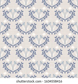 French blu shabby chic damask vector texture background. Antique white blue heart seamless pattern. Hand drawn floral interior wallpaper home decor swatch. Classic baroque medallion all over print