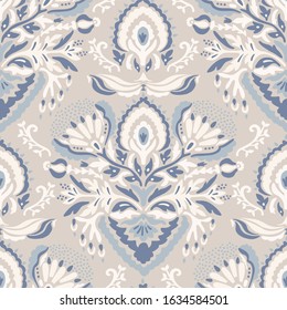 French blu shabby chic damask vector texture background. Antique white blue heart seamless pattern. Hand drawn floral interior wallpaper home decor swatch. Classic baroque medallion all over print