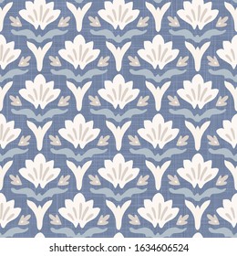 French blu shabby chic damask vector texture background. Antique white blue heart seamless pattern. Hand drawn floral interior wallpaper home decor swatch. Classic baroque medallion all over prin