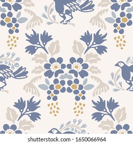 French blu shabby chic damask texture background. Antique old white yellow blue seamless pattern. Hand drawn floral interior wallpaper home decor swatch. Classic grunge baroque medallion allover print