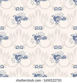 French blu shabby chic damask texture background. Antique old white blue bird seamless pattern. Hand drawn floral interior wallpaper home decor swatch. Classic grunge baroque medallion allover print