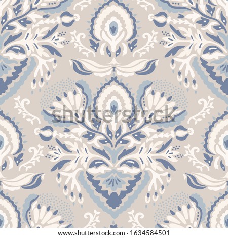 French blu shabby chic damask vector texture background. Antique white blue heart seamless pattern. Hand drawn floral interior wallpaper home decor swatch. Classic baroque medallion all over print