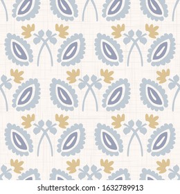 French blu shabby chic leaf damask vector texture background. Antique white yellow blue seamless pattern. Hand drawn floral interior wallpaper home deco swatch. Classic baroque medallion allover print