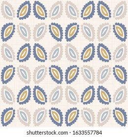  French blu shabby chic leaf damask vector texture background. Antique white yellow blue seamless pattern. Hand drawn floral interior wallpaper home deco swatch. Classic baroque medallion allover prin