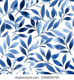 French Blue Aqua Sky Leaf Fern Flower Garden Abstract Watercolor Scandinavian Design Seamless Pattern Wallpaper Curtain Bedding Background Vector
