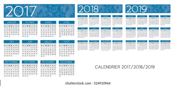 French blue Calendar 2017-2018-2019 vector text is outline version 10