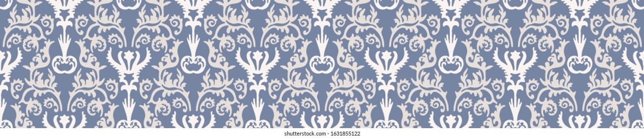 French blue damask shabby chic floral linen vector texture border background. Pretty flourish flower banner seamless pattern. Hand drawn floral interior home decor ribbon. Classic rustic farmhouse .