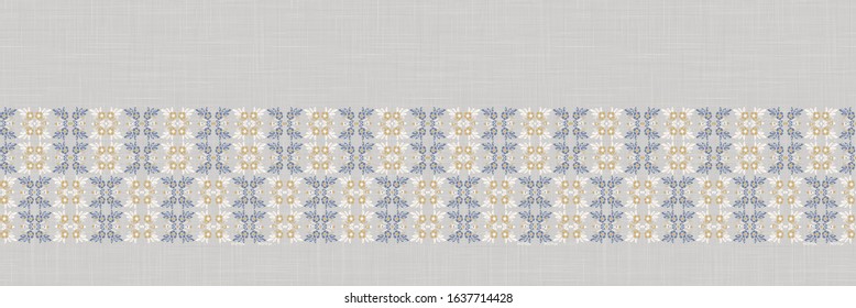 French blue damask shabby chic floral linen vector texture border background. Pretty flourish flower banner seamless pattern. Hand drawn floral interior home decor ribbon. Classic rustic farmhouse .