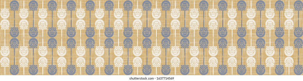 French blue damask shabby chic floral linen vector texture border background. Pretty flourish flower banner seamless pattern. Hand drawn floral interior home decor ribbon. Classic rustic farmhouse .