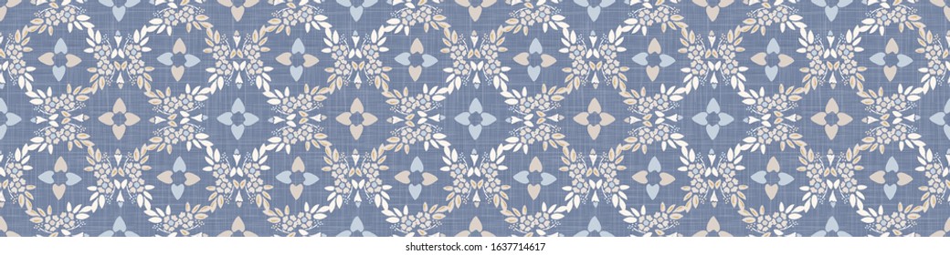 French blue damask shabby chic floral linen vector texture border background. Pretty flourish flower banner seamless pattern. Hand drawn floral interior home decor ribbon. Classic rustic farmhouse .