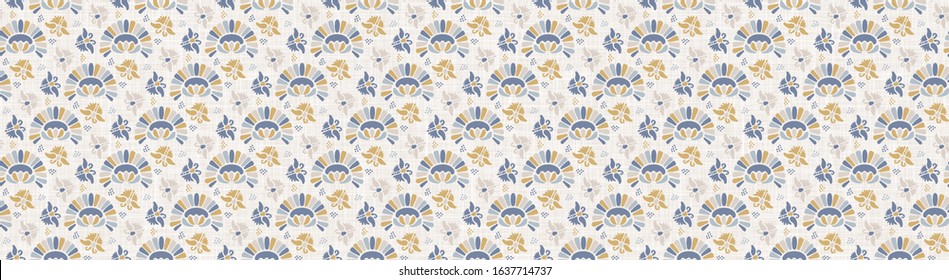 French blue damask shabby chic floral linen vector texture border background. Pretty flourish flower banner seamless pattern. Hand drawn floral interior home decor ribbon. Classic rustic farmhouse .