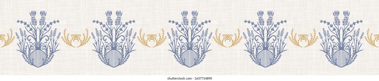 French blue damask shabby chic floral linen vector texture border background. Pretty flourish flower banner seamless pattern. Hand drawn floral interior home decor ribbon. Classic rustic farmhouse .