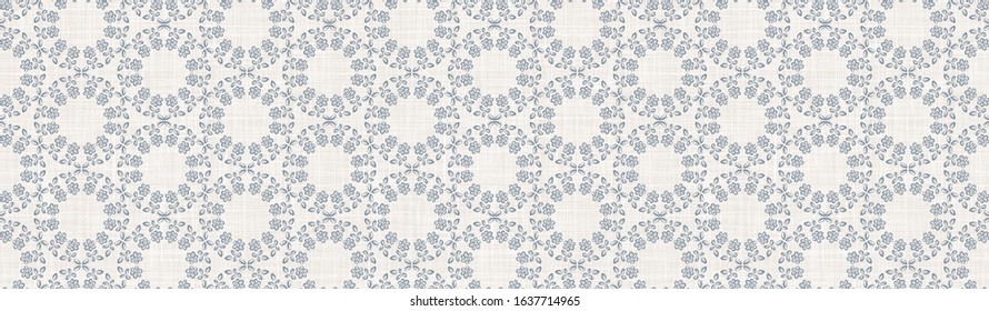 French blue damask shabby chic floral linen vector texture border background. Pretty flourish flower banner seamless pattern. Hand drawn floral interior home decor ribbon. Classic rustic farmhouse .