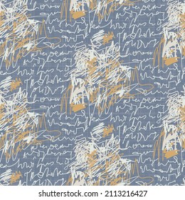 French blue doodle motif linen seamless pattern. Tonal country cottage style abstract scribble motif background. Simple vintage rustic fabric textile effect. Primitive drawing shabby chic cloth.