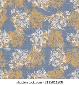 French blue doodle motif linen seamless pattern. Tonal country cottage style abstract scribble motif background. Simple vintage rustic fabric textile effect. Primitive drawing shabby chic cloth.