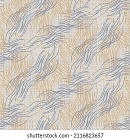 French blue doodle motif linen seamless pattern. Tonal country cottage style abstract scribble motif background. Simple vintage rustic fabric textile effect. Primitive drawing shabby chic cloth.