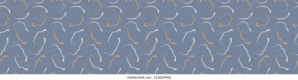 French blue doodle motif linen seamless border. Tonal country cottage style abstract scribble motif background. Simple vintage rustic fabric textile effect. Primitive drawing shabby chic cloth.