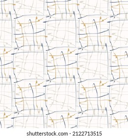 French blue doodle motif linen seamless pattern. Tonal country cottage style abstract scribble motif background. Simple vintage rustic fabric textile effect. Primitive drawing shabby chic cloth.