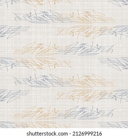 French blue doodle motif linen seamless pattern. Tonal country cottage style abstract scribble motif background. Simple vintage rustic fabric textile effect. Primitive drawing shabby chic cloth.