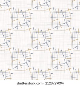 French blue doodle motif linen seamless pattern. Tonal country cottage style abstract scribble motif background. Simple vintage rustic fabric textile effect. Primitive drawing shabby chic cloth.