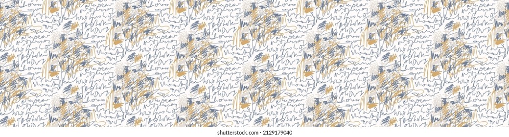 French blue doodle motif linen seamless pattern. Tonal country cottage style abstract scribble motif background. Simple vintage rustic fabric textile effect. Primitive drawing shabby chic cloth.