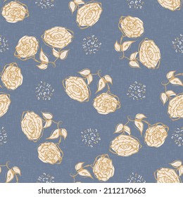 French blue floral linen seamless pattern with 2 tone country cottage style botanical motif. Simple vintage rustic fabric textile effect. Primitive modern shabby chic design.
