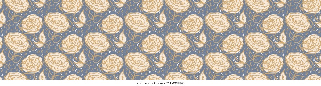 French blue floral linen seamless pattern with 2 tone country cottage style botanical motif. Simple vintage rustic fabric textile effect. Primitive modern shabby chic design.