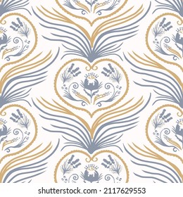  French blue floral linen seamless pattern with 2 tone country cottage style botanical motif. Simple vintage rustic fabric textile effect. Primitive modern shabby chic design.
