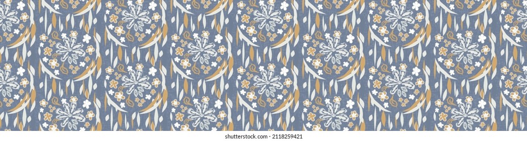 French blue floral linen seamless pattern with 2 tone country cottage style botanical motif. Simple vintage rustic fabric textile effect. Primitive modern shabby chic design.