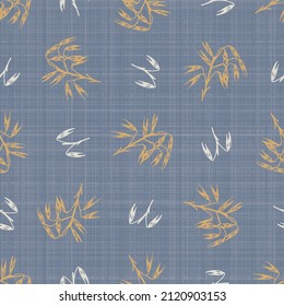 French blue floral linen seamless pattern with 2 tone country cottage style botanical motif. Simple vintage rustic fabric textile effect. Primitive modern shabby chic design.