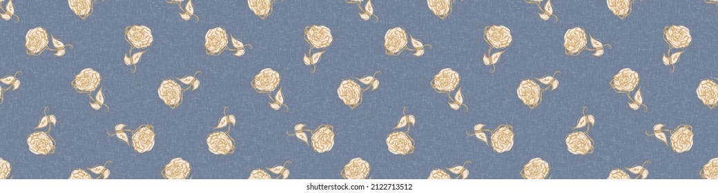 French blue floral linen seamless pattern with 2 tone country cottage style botanical motif. Simple vintage rustic fabric textile effect. Primitive modern shabby chic design.