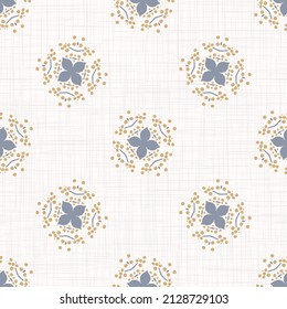  French blue floral linen seamless pattern with 2 tone country cottage style botanical motif. Simple vintage rustic fabric textile effect. Primitive modern shabby chic design.